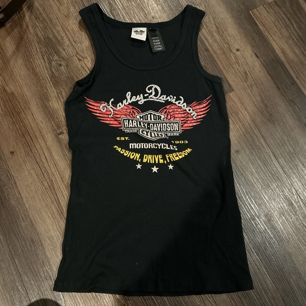 Harley-Davidson Black Tank Top with Red and Yellow Accents